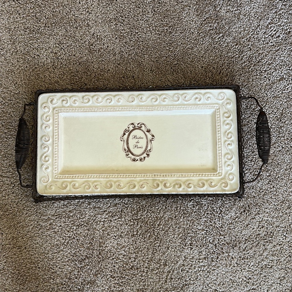 Vintage antique tray relief white porcelain Bistro de Paris